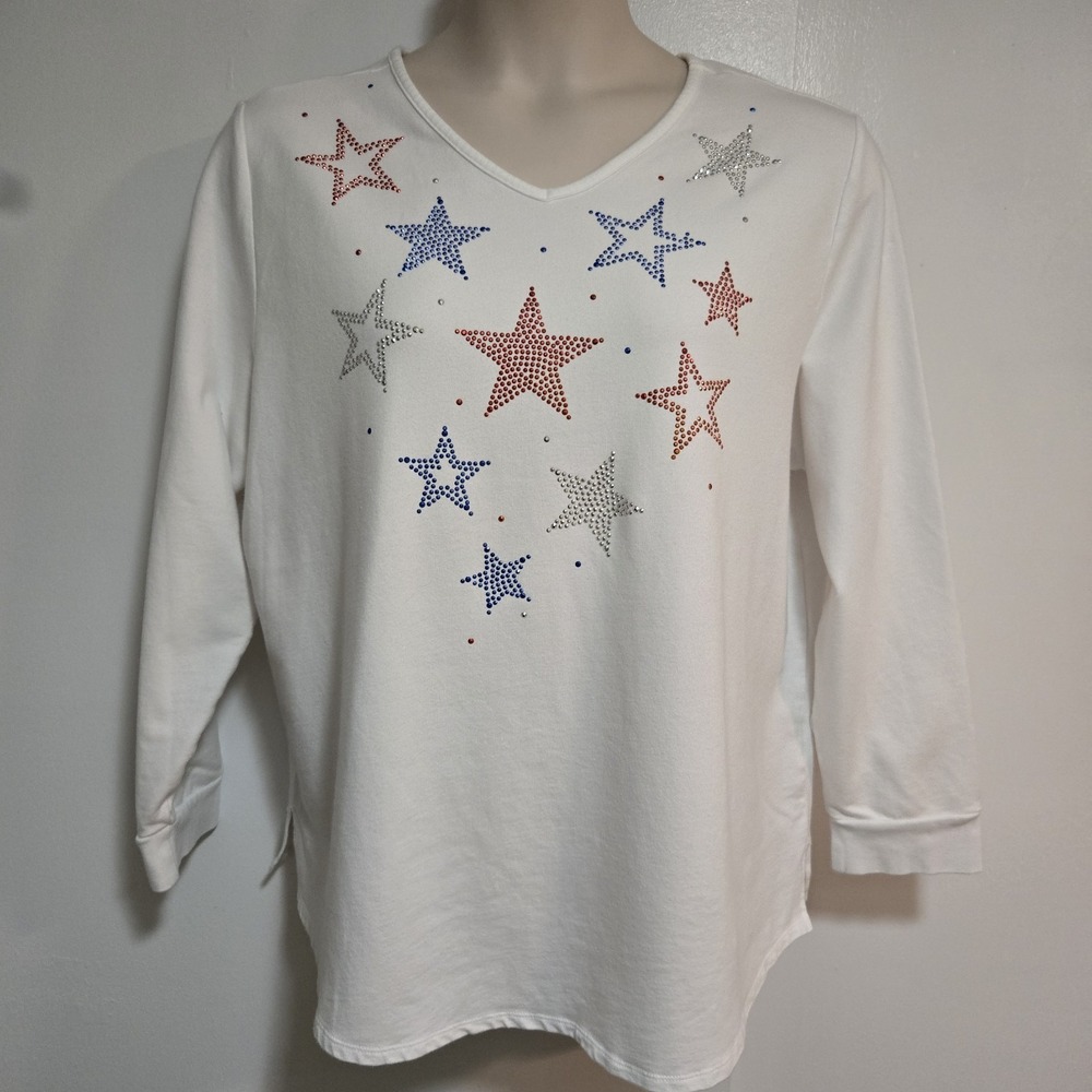 Quacker Factory Size XL White Star Studded Long-Sleeve V-Neck Terry Sweatshirt